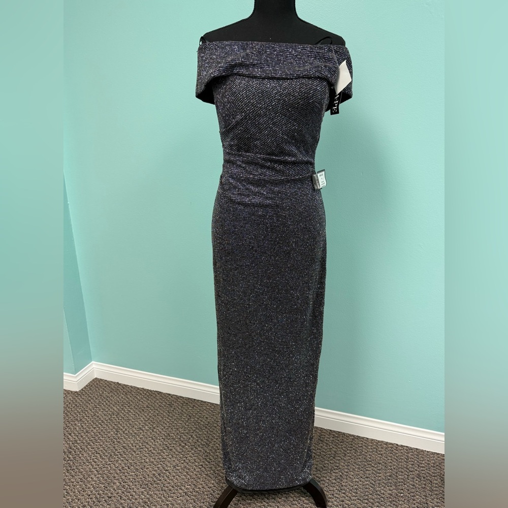 Xscape off-the-shoulder metallic gown in black/gunmetal size 10. - Picture 6 of 11